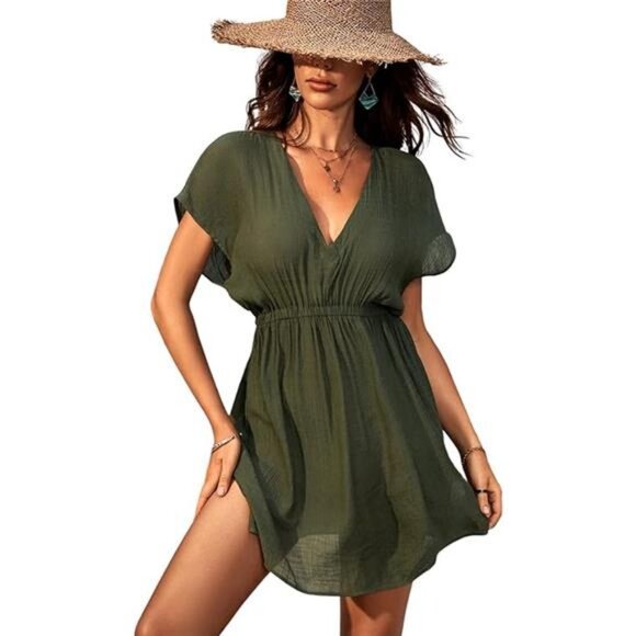 Women's Swimsuit Coverup Casual V Neck Beach Dress Short Sleeve Swim Cover Ups - Picture 7 of 7